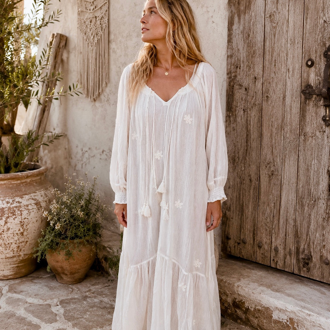Thelma Embroidered Maxi Dress With Long Sleeves And Side Pockets Natural