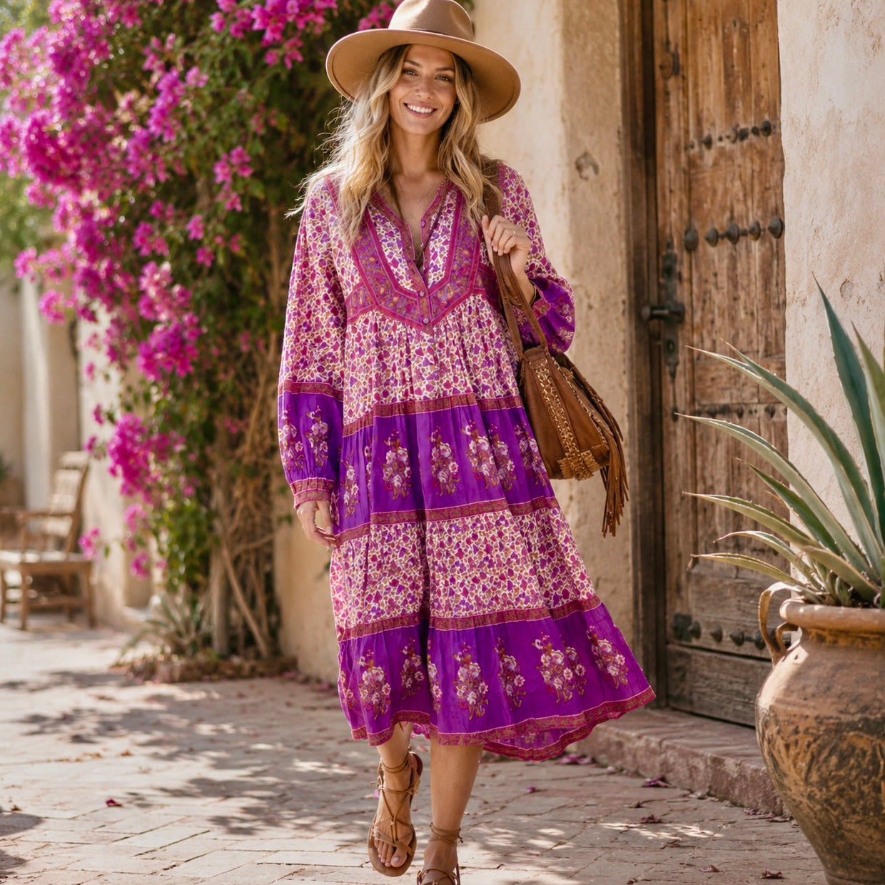 Marilou Printed Midi Dress Long Sleeves Pink