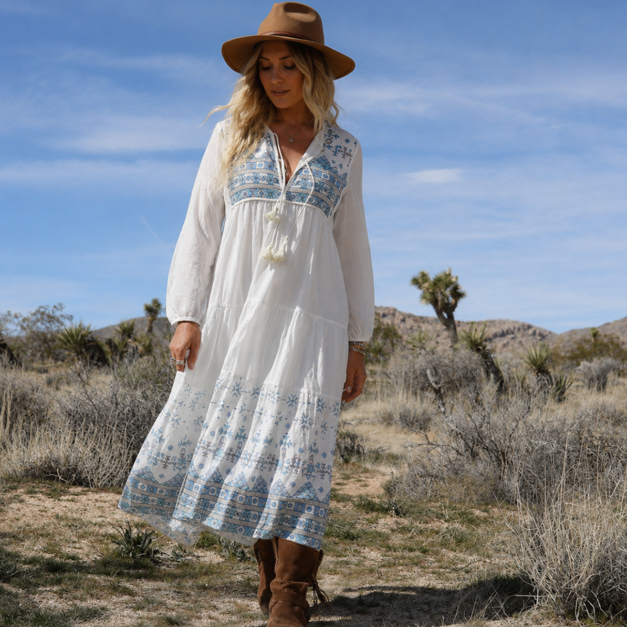 Kayla Printed Long Dress With Tassels Natural/Blue SM