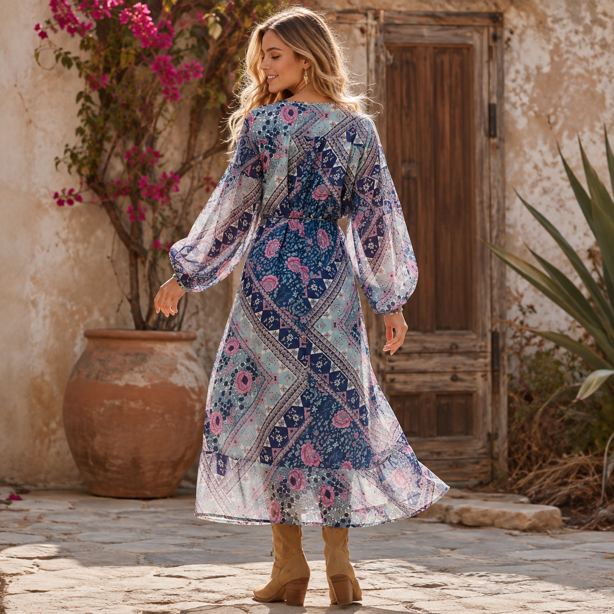 Naomi Printed Maxi Wrap Dress Long Sleeves Blue