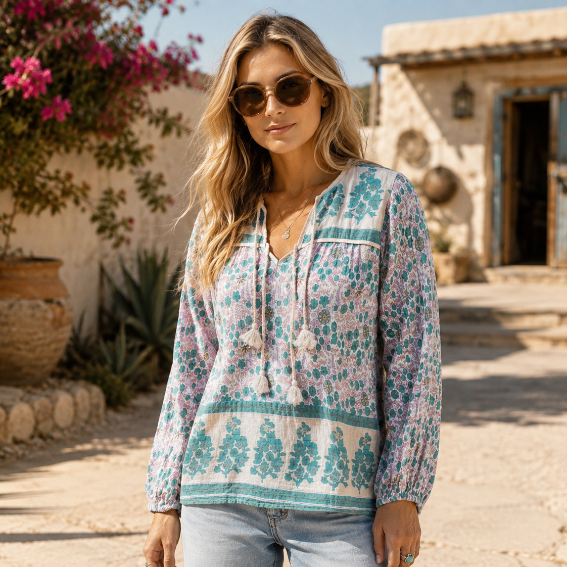 Ginger Printed Blouse Long Sleeves With Tassels Peach/Aqua