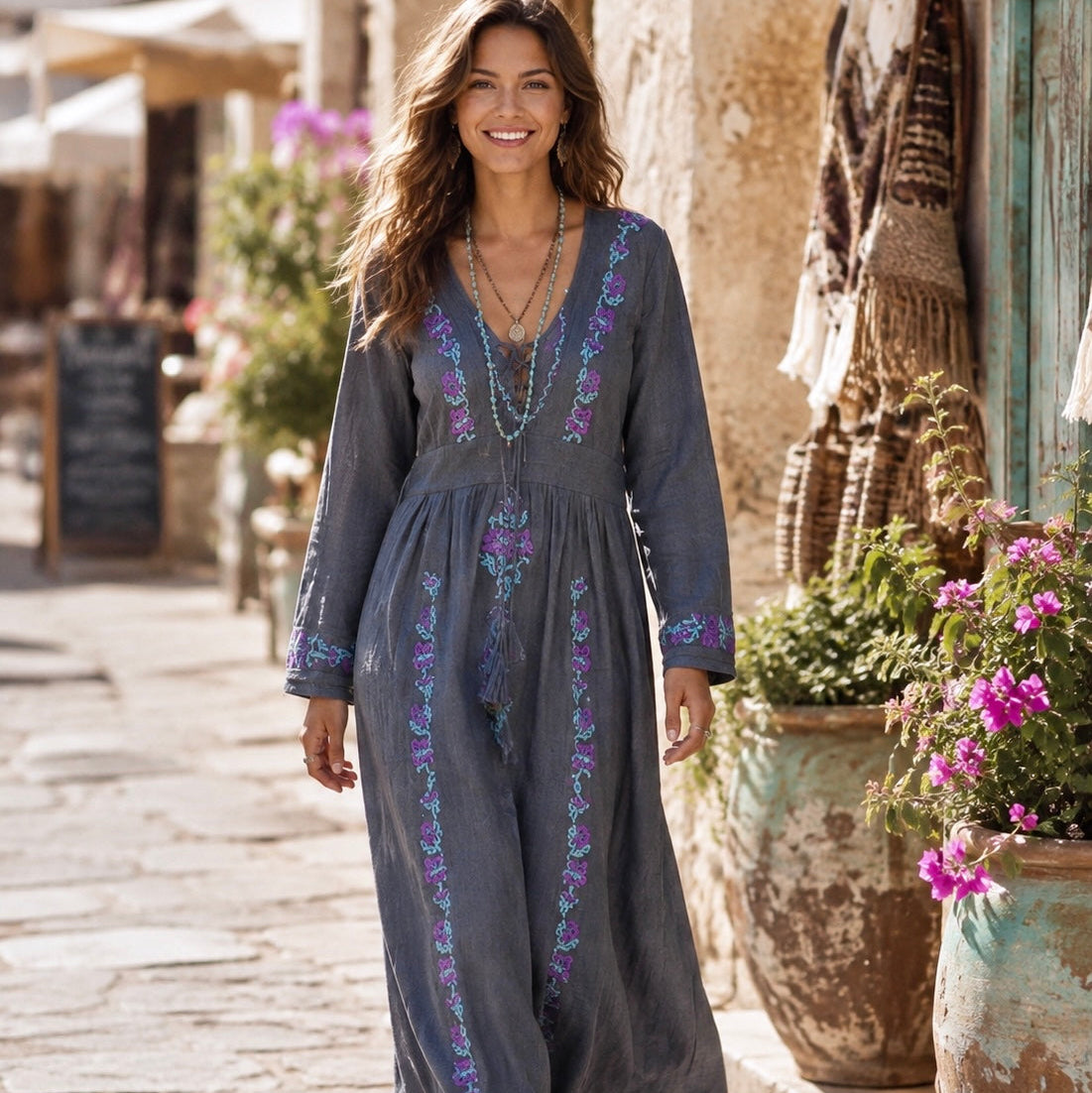 Thea Embroidered Maxi Dress Long Sleeves and Tassels Grey/Turquoise