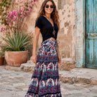 Luna Printed Long Skirt Blue/Red With Silver Lurex