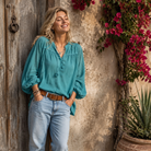 Serenity Embroidered Blouse Long Sleeves and Tassels Teal