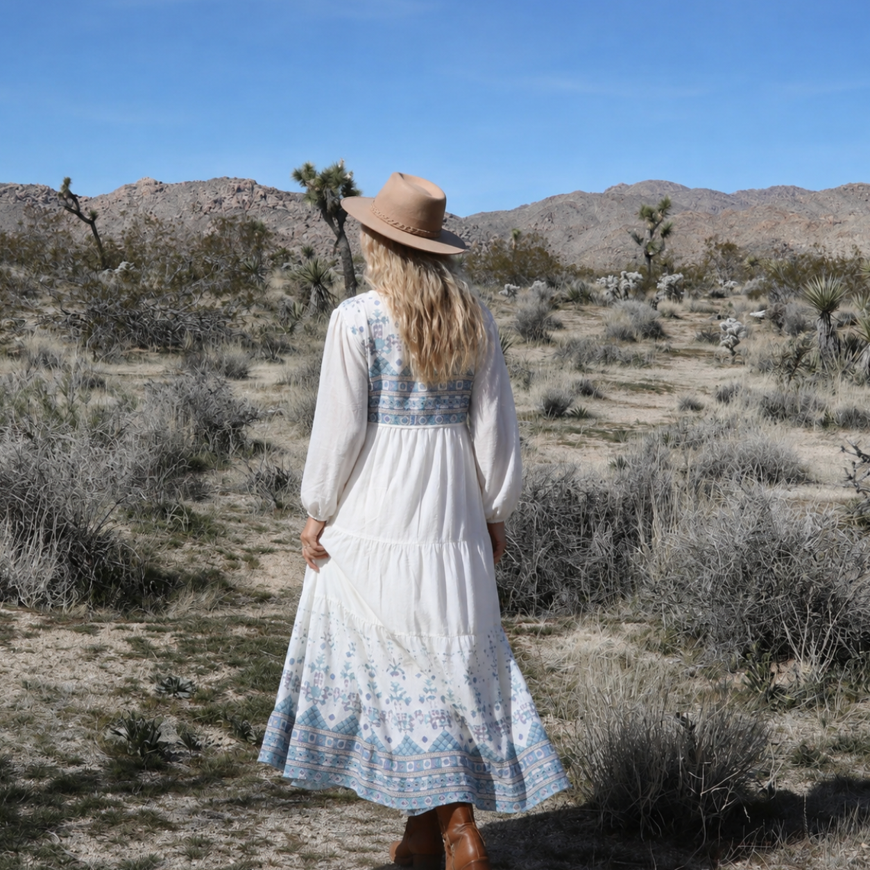 Kayla Printed Long Dress With Tassels Natural/Blue