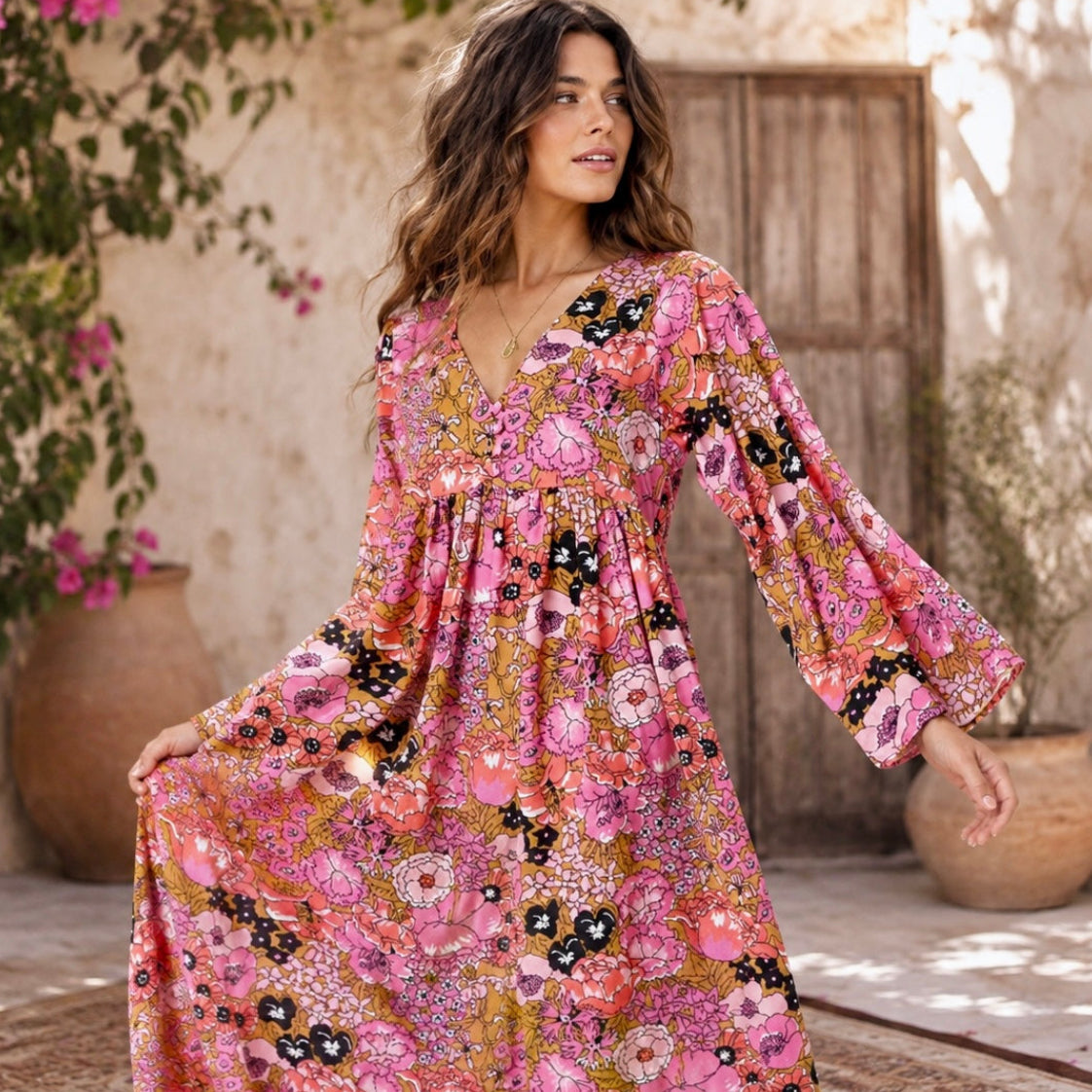 Hawaii Printed Maxi Dress Pink S M