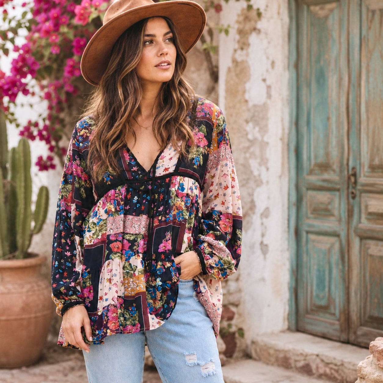 Luana Printed Blouse Long Sleeves and With Tassels Patchwork Black
