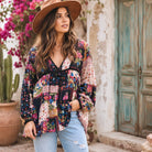 Luana Printed Blouse Long Sleeves and With Tassels Patchwork Black