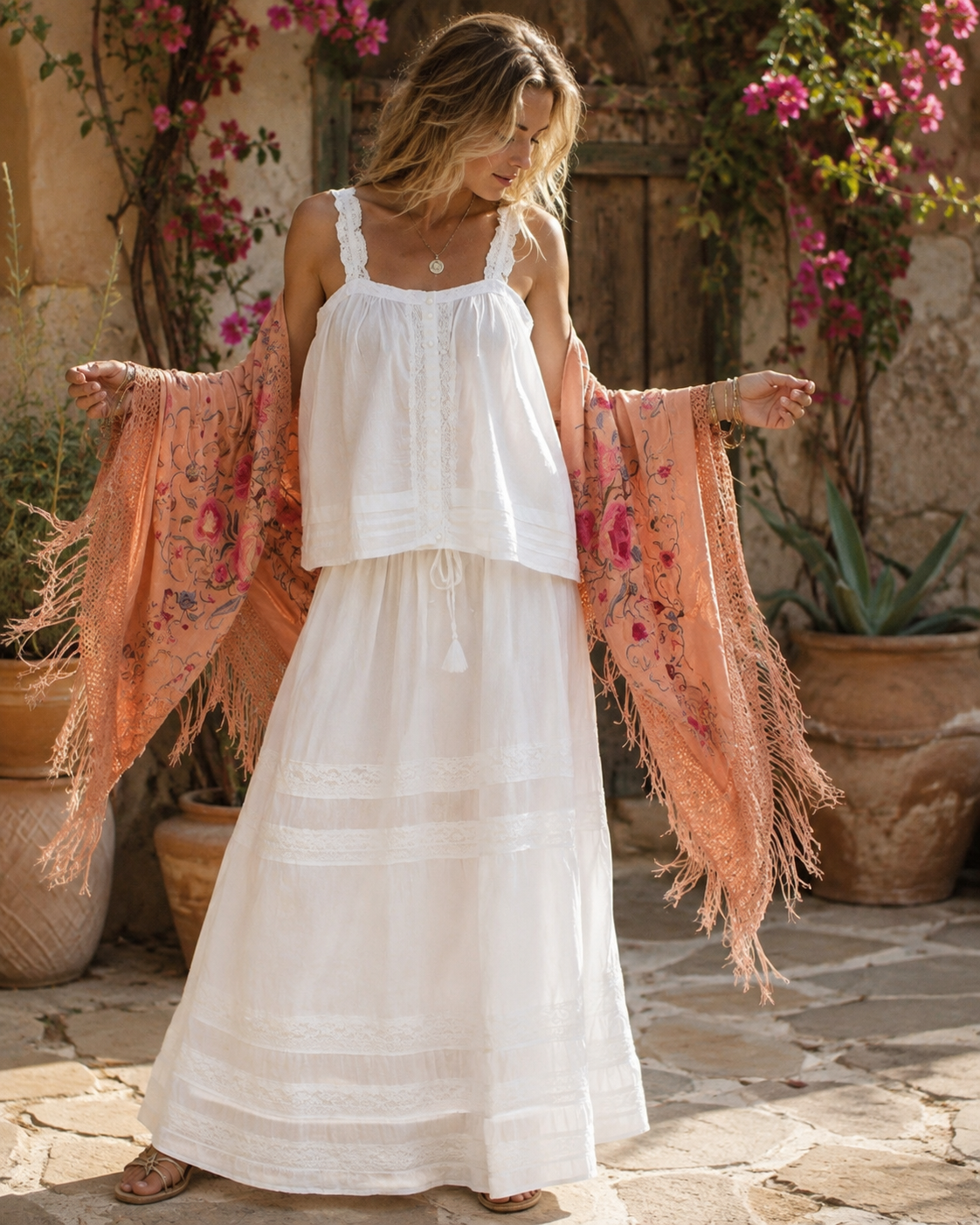 Lilian Maxi Skirt With Lace and Adjustable Drawstrings Natural