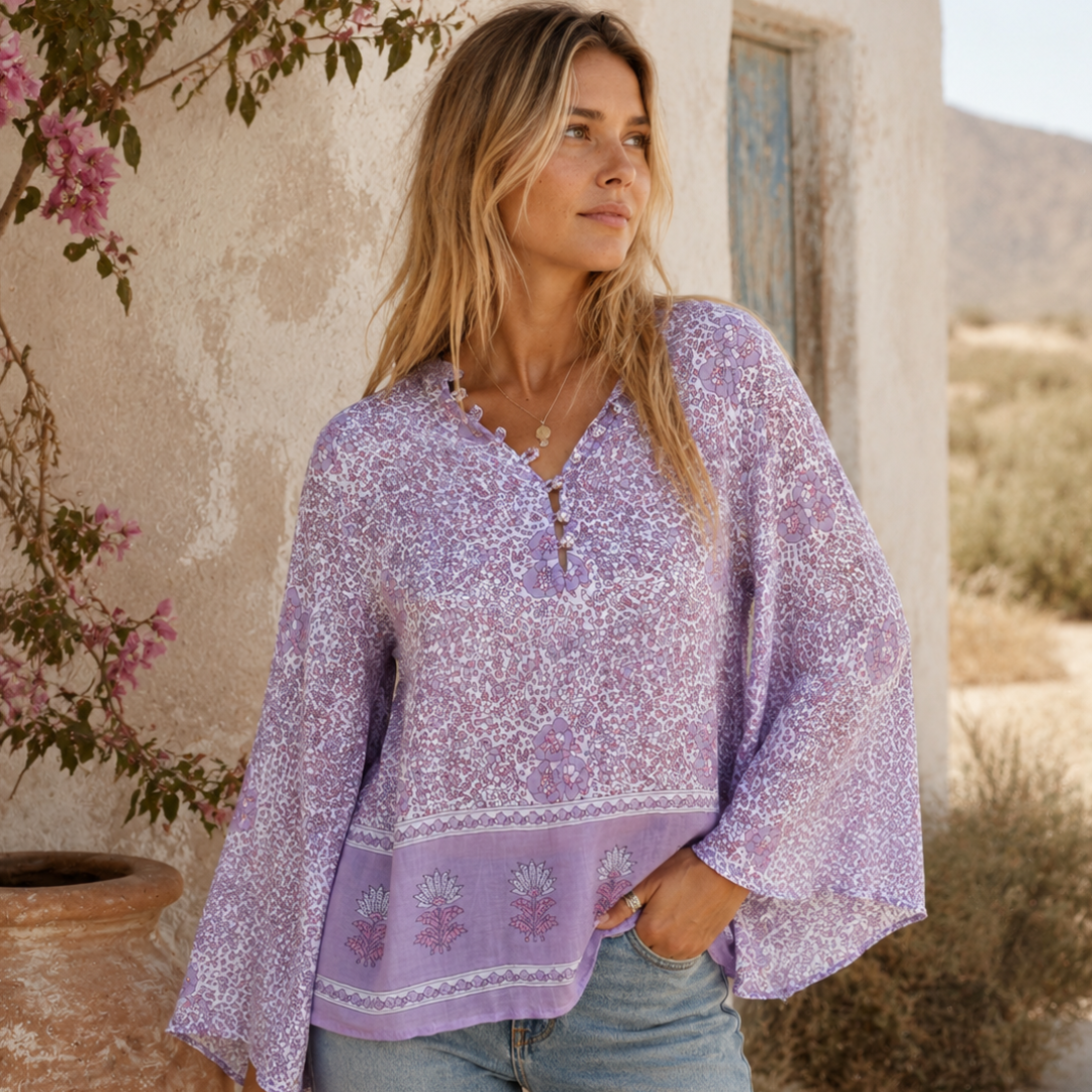 Audrey Printed Butterfly Sleeves Blouse Lilac M L