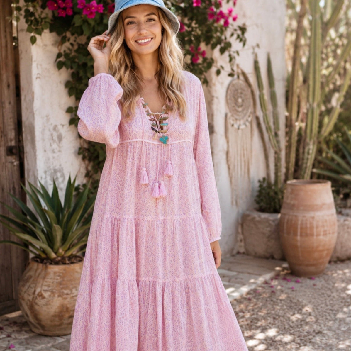 Kayla Printed Long Dress With Tassels Vintage Pink