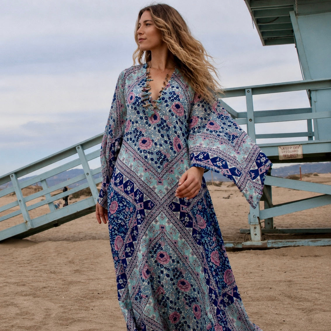 Audrey Printed Maxi Dress Butterfly Sleeves Patchwork Blue M