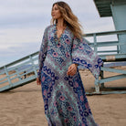 Audrey Printed Maxi Dress Butterfly Sleeves Patchwork Blue M