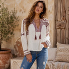 Isabella Embroidered Blouse Natural/ Red