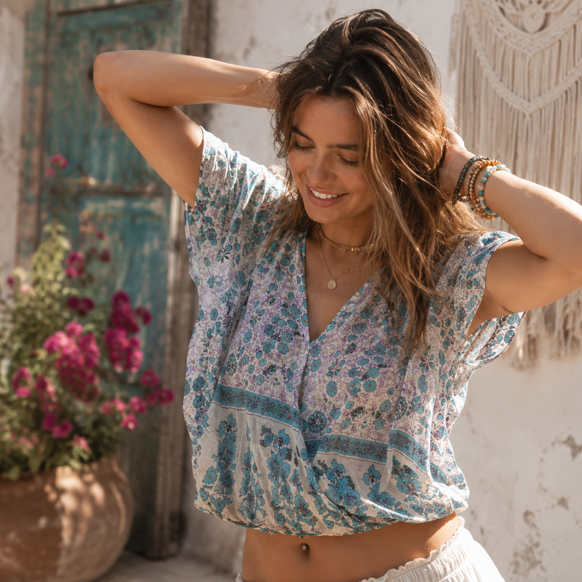 Penny Printed Crop Top Short Sleeves Peach/Aqua