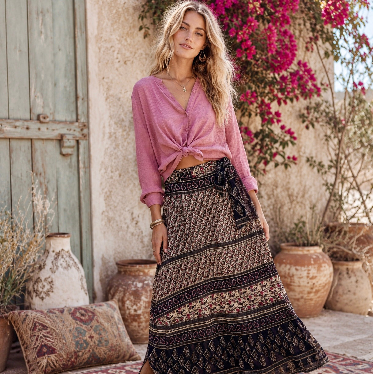 Vanessa Printed Maxi Wrap Skirt Vintage Brown