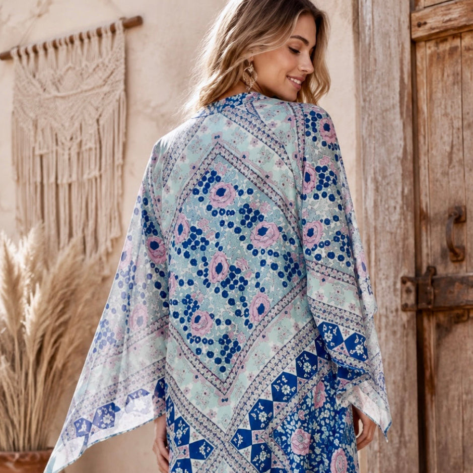 Audrey Printed Maxi Dress Butterfly Sleeves Patchwork Blue