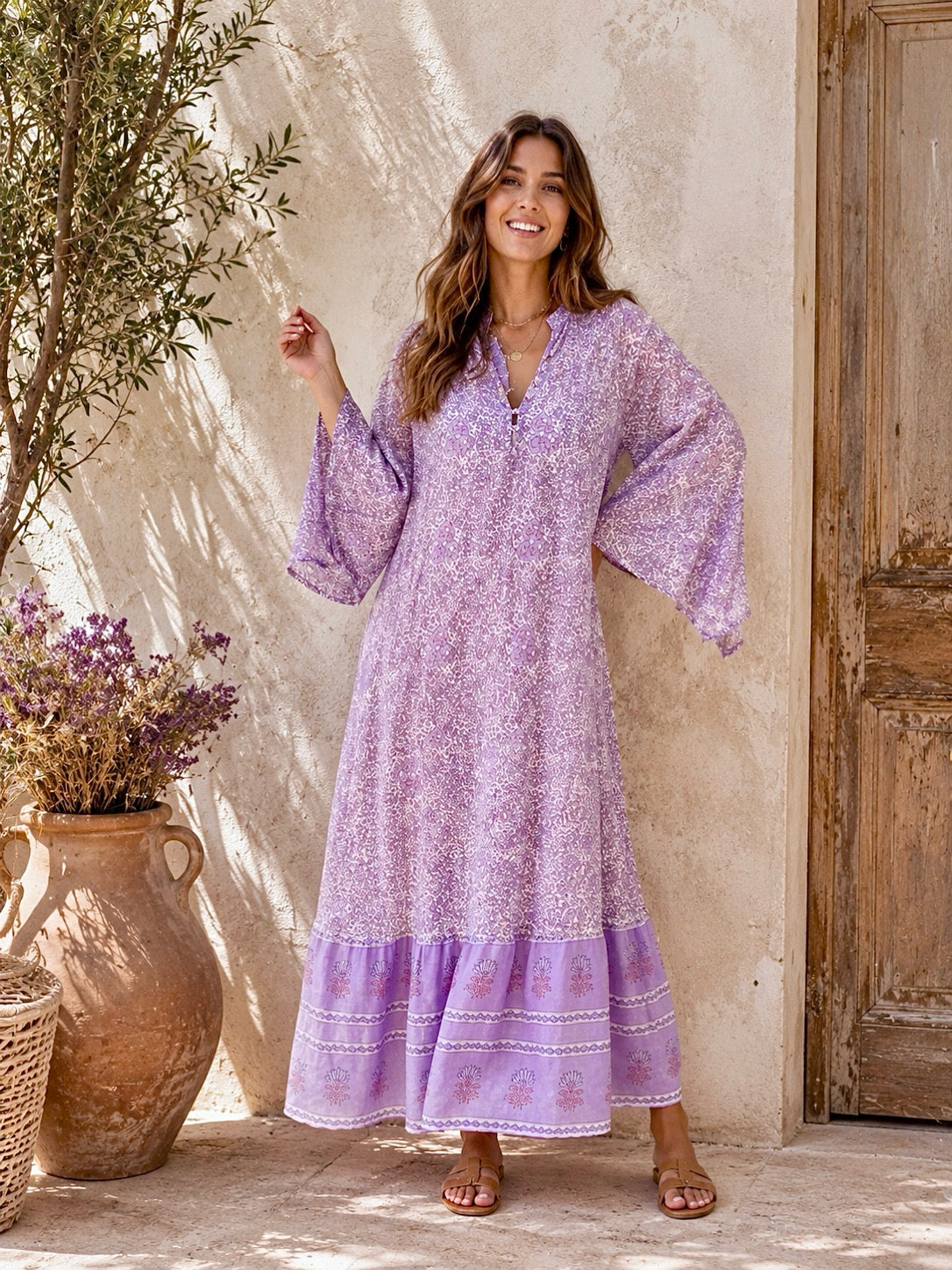Audrey Printed Maxi Dress With Butterfly Sleeves Lilac M