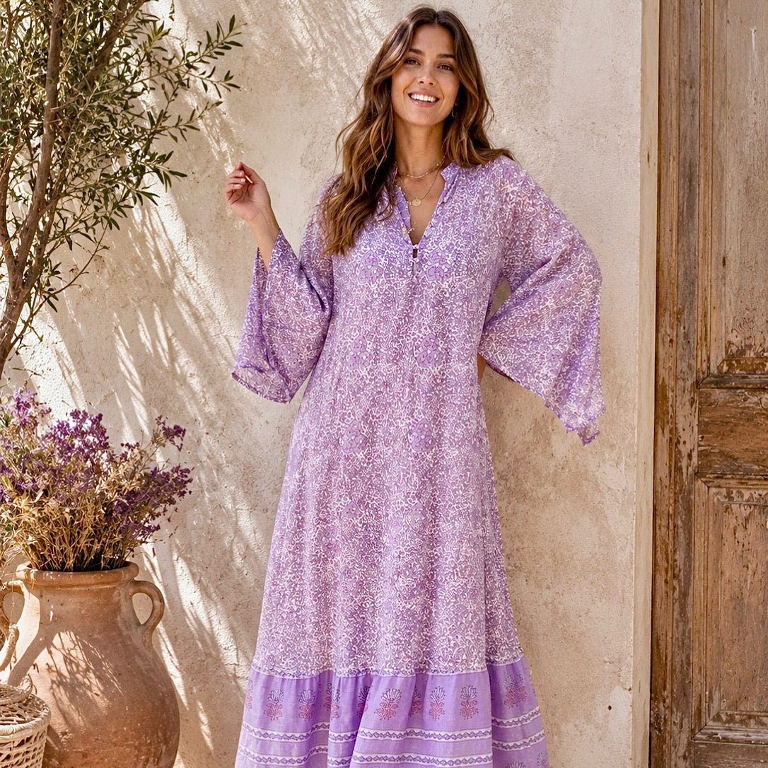 Audrey Printed Maxi Dress With Butterfly Sleeves Lilac M