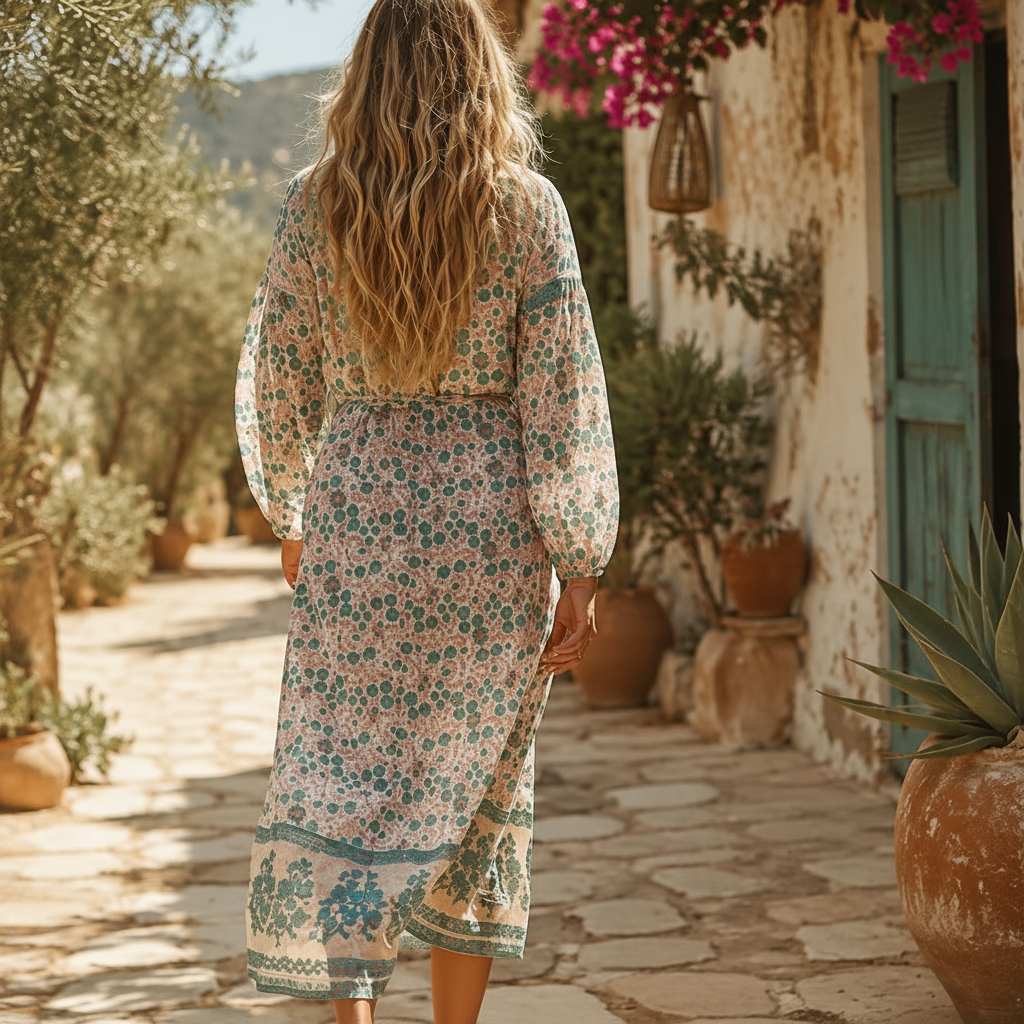 Naomi Printed Wrap Dress Long Sleeves Peach