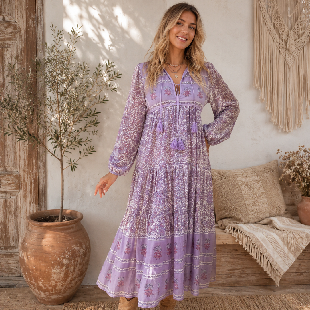 Kayla Printed Long Dress With Tassels Lilac M