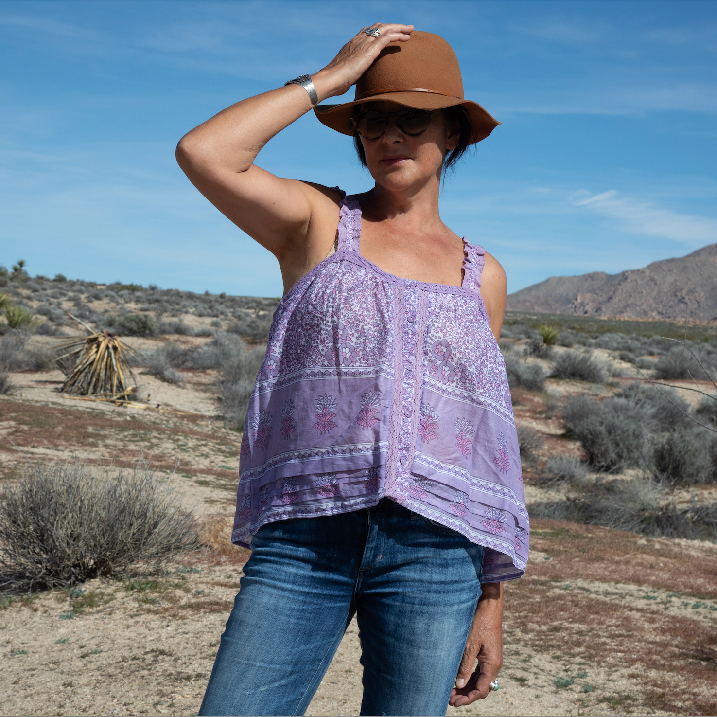 Ashley Printed Sleeveless Top With Lace Lilac