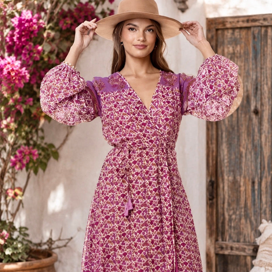 Naomi Printed Maxi Wrap Dress Long Sleeves Pink
