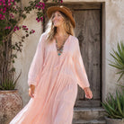 Mylene Hand Embroidered Maxi Dress Long SleevesWith Tassels Peach