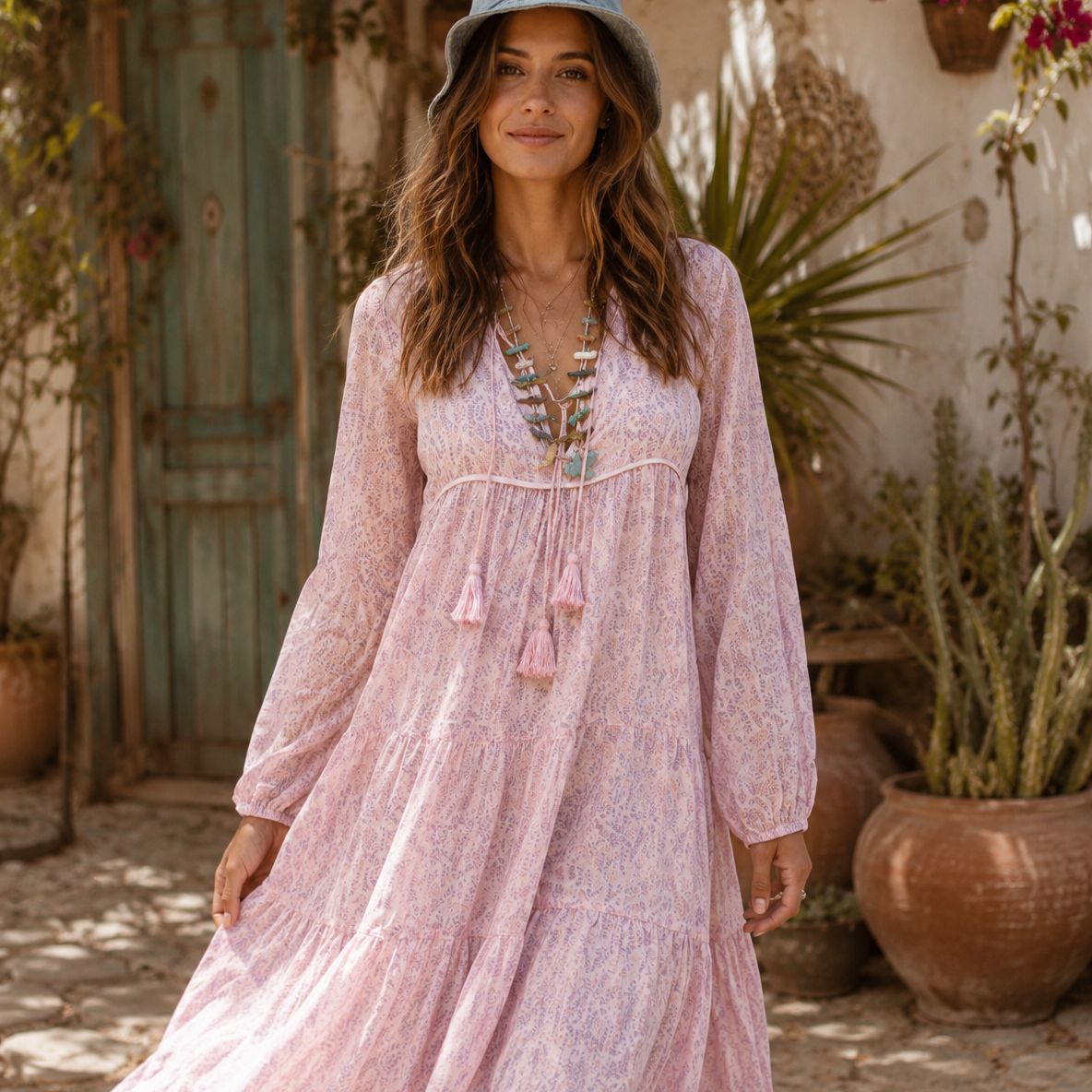 Kayla Printed Long Dress With Tassels Vintage Pink