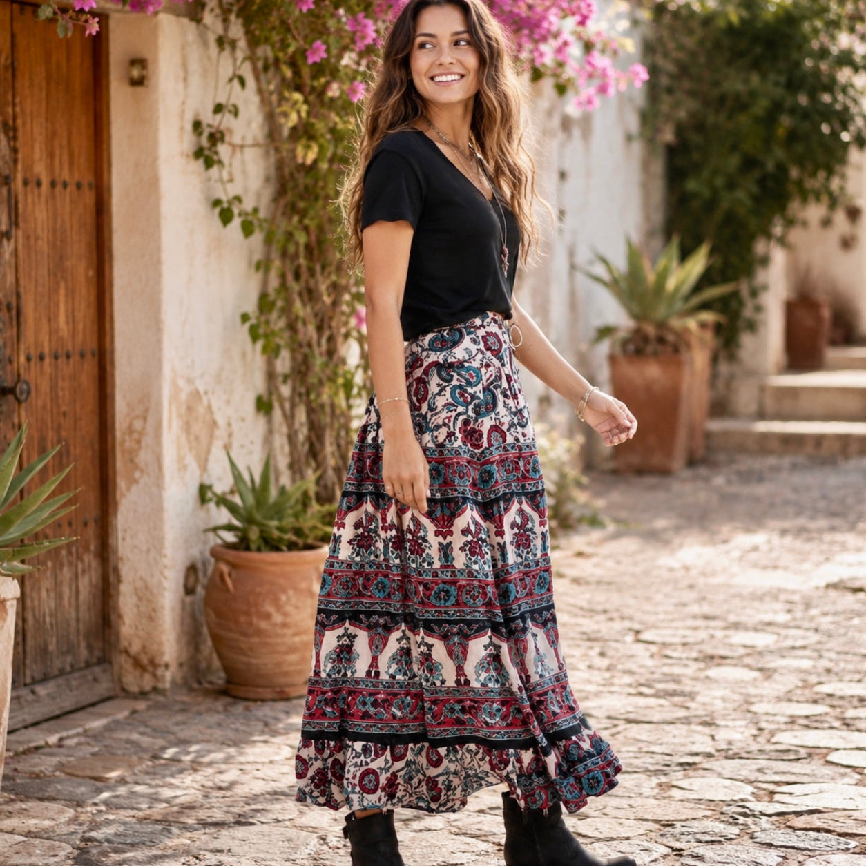 Luna Printed Long Skirt Blue/Red With Silver Lurex