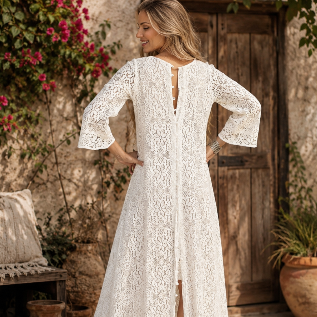 Ibiza Lace Maxi Dress or Duster With Long Sleeves Natural