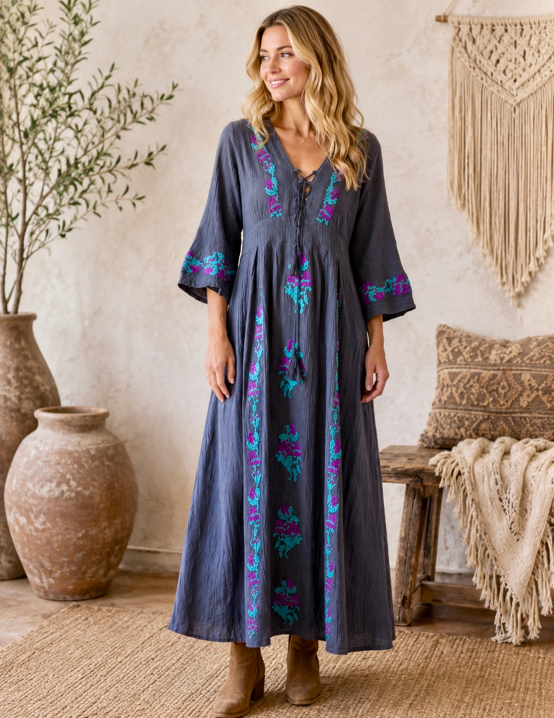 Thea Embroidered Maxi Dress Long Sleeves and Tassels Grey/Turquoise