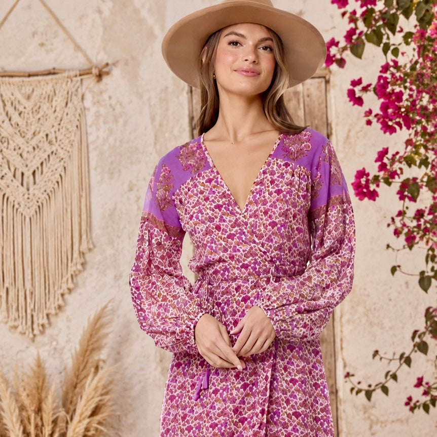 Naomi Printed Maxi Wrap Dress Long Sleeves Pink