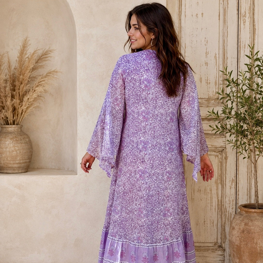 Audrey Printed Maxi Dress With Butterfly Sleeves Lilac