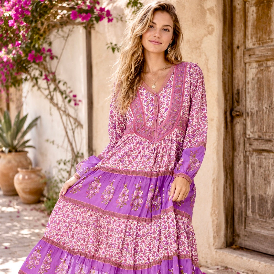 Marilou Printed Midi Dress Long Sleeves Pink