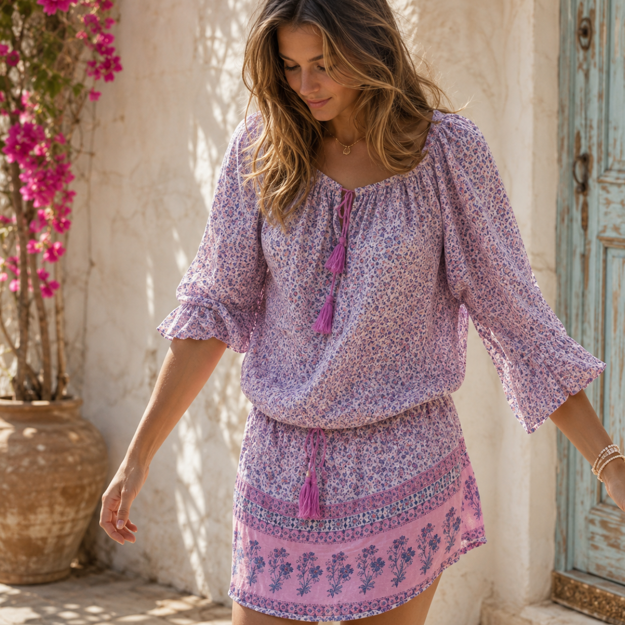 Cassidy Printed Short Dress Long Sleeves Off Shoulder Lavender