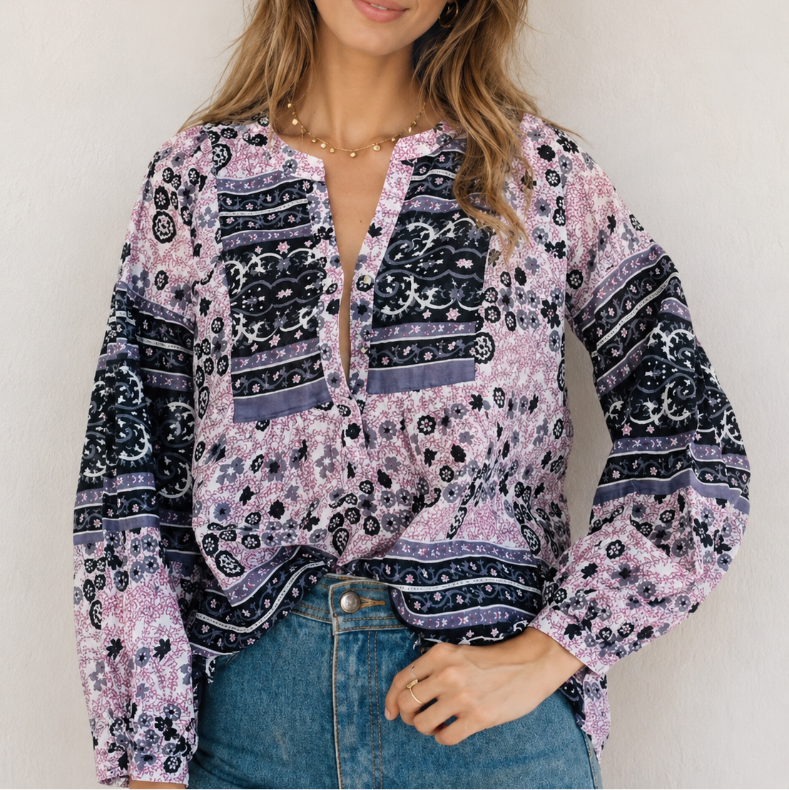 Love Printed Long Sleeves Tunic Vintage Pink