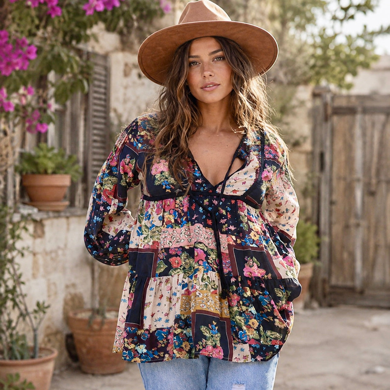 Luana Printed Blouse Long Sleeves and With Tassels Patchwork Black M