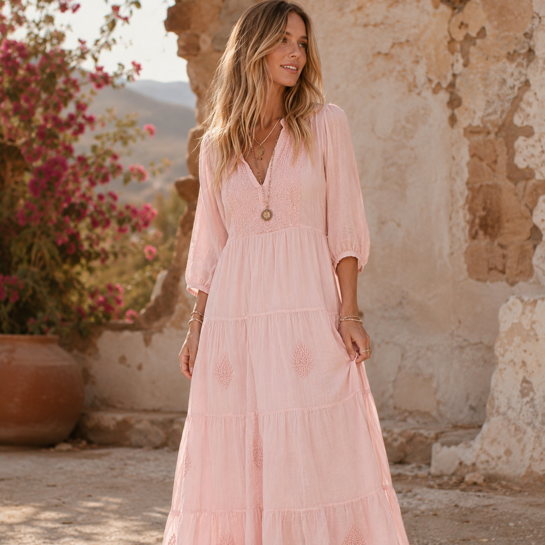 Mylene Hand Embroidered Maxi Dress Long SleevesWith Tassels Peach