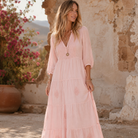 Mylene Hand Embroidered Maxi Dress Long SleevesWith Tassels Peach