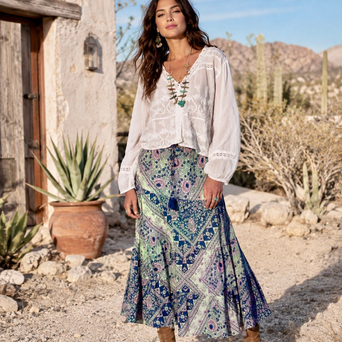 Audrey Printed Maxi Skirt Patchwork Blue