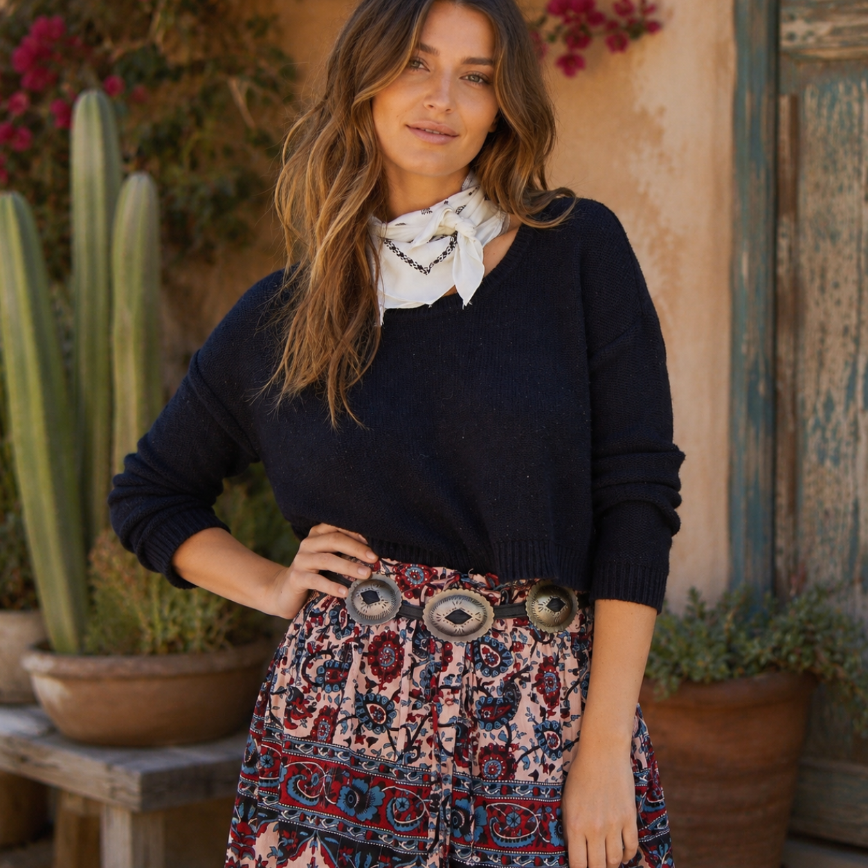 Luna Printed Long Skirt Blue/Red With Silver Lurex