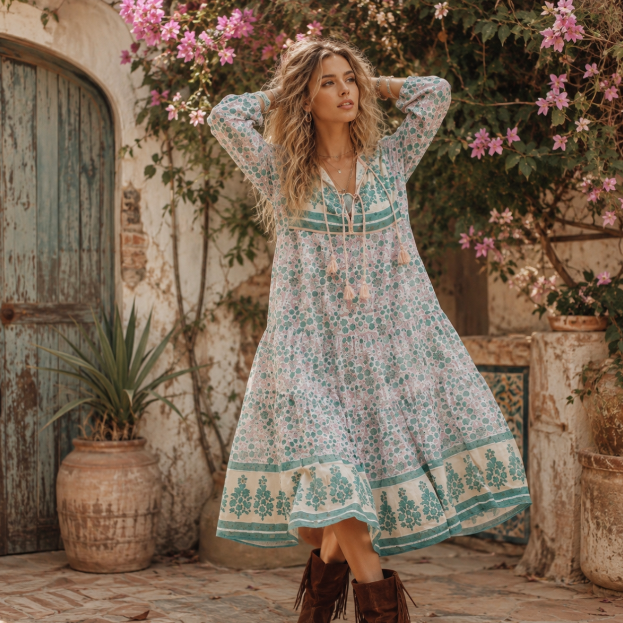 Kayla Printed Long Dress With Tassels Peach/Aqua M