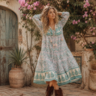 Kayla Printed Long Dress With Tassels Peach/Aqua M