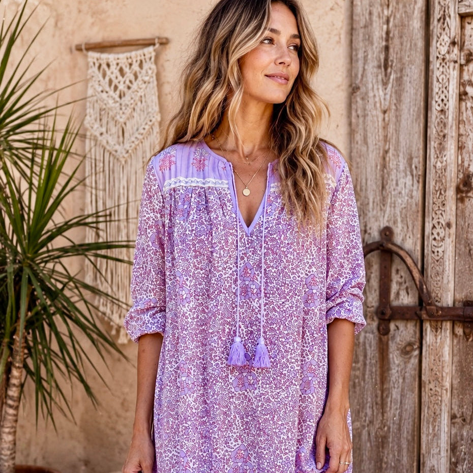 Romy Printed Midi Dress Long Sleeves and Side Pockets Lilac