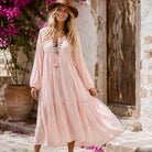 Mylene Hand Embroidered Maxi Dress Long SleevesWith Tassels Peach