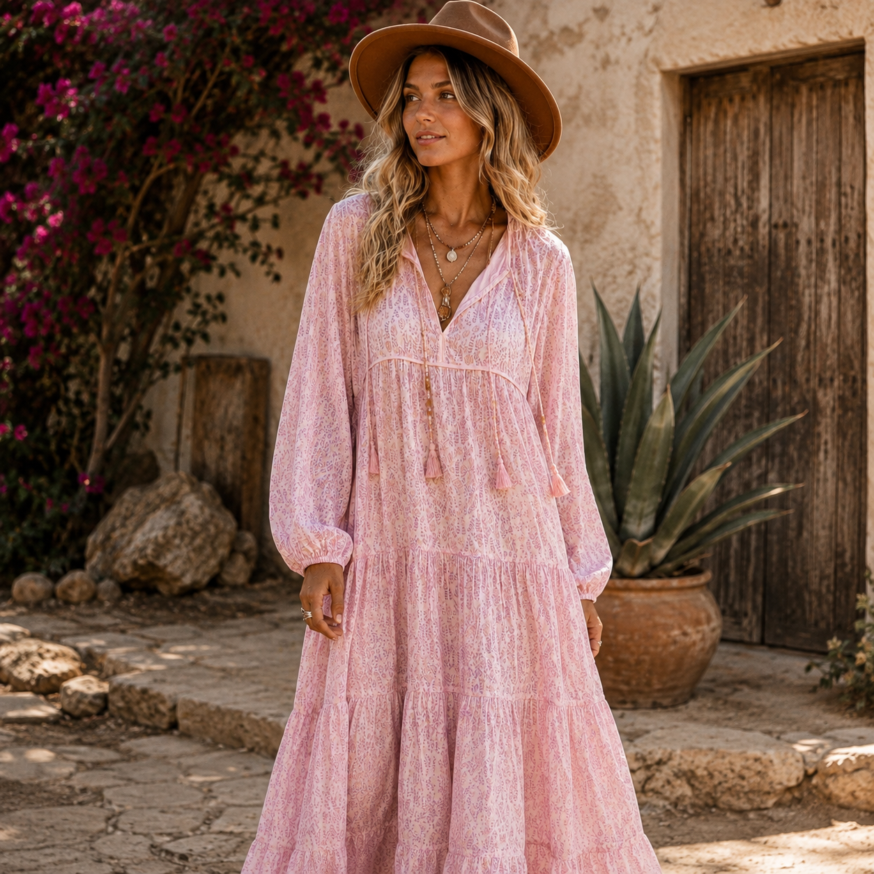 Kayla Printed Long Dress With Tassels Vintage Pink