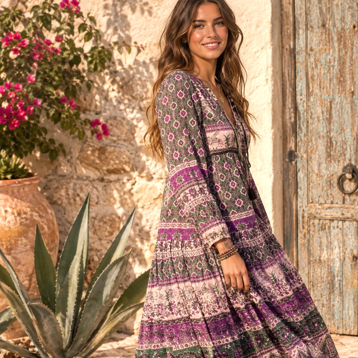 Luna Printed Long Dress With Tassels Green/Purple With Silver Lurex M