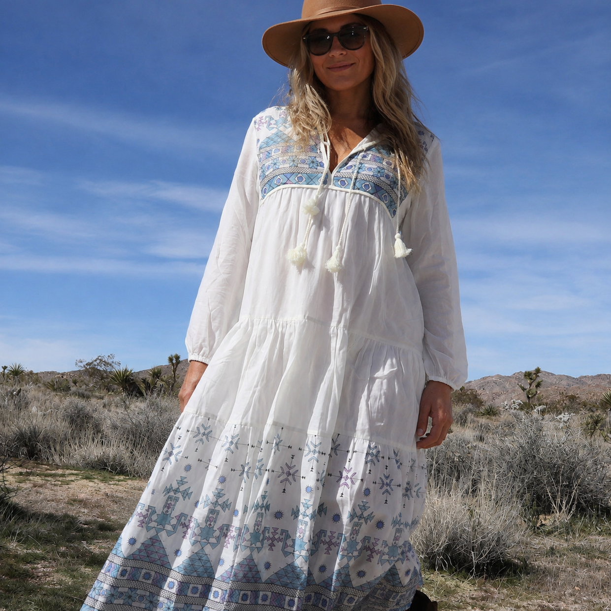 Kayla Printed Long Dress With Tassels Natural/Blue ML