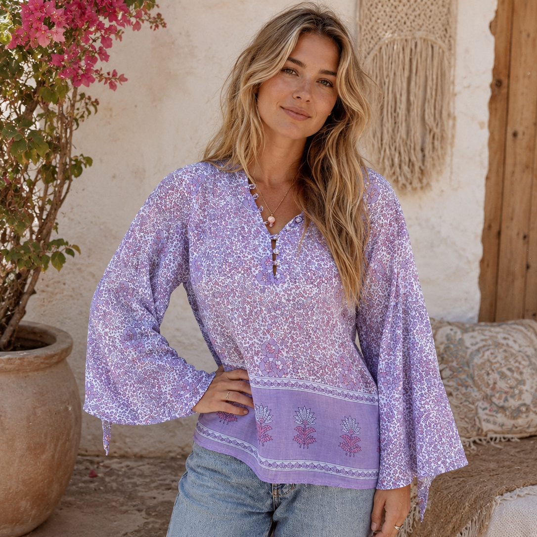 Audrey Printed Butterfly Sleeves Blouse Lilac
